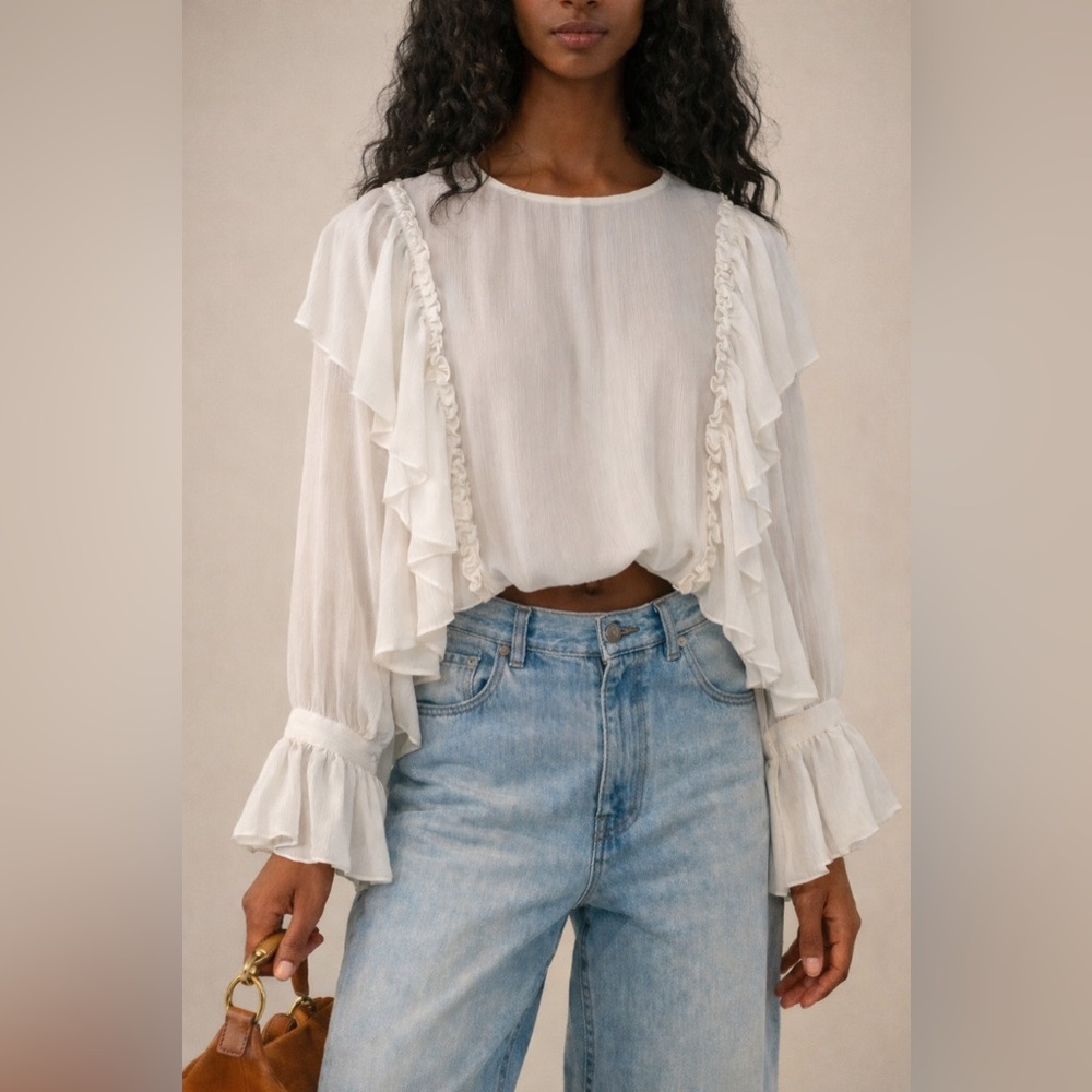 Romantic White Sheer Ruffle Blouse | Boho Flutter Sleeve Top